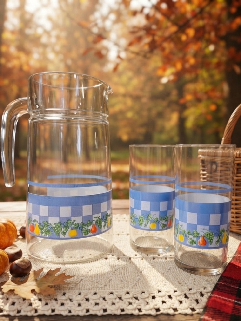 Vintage Blue Gingham Harvest Fruit Glass Pitcher & 2 Glasses Set Country Cottage